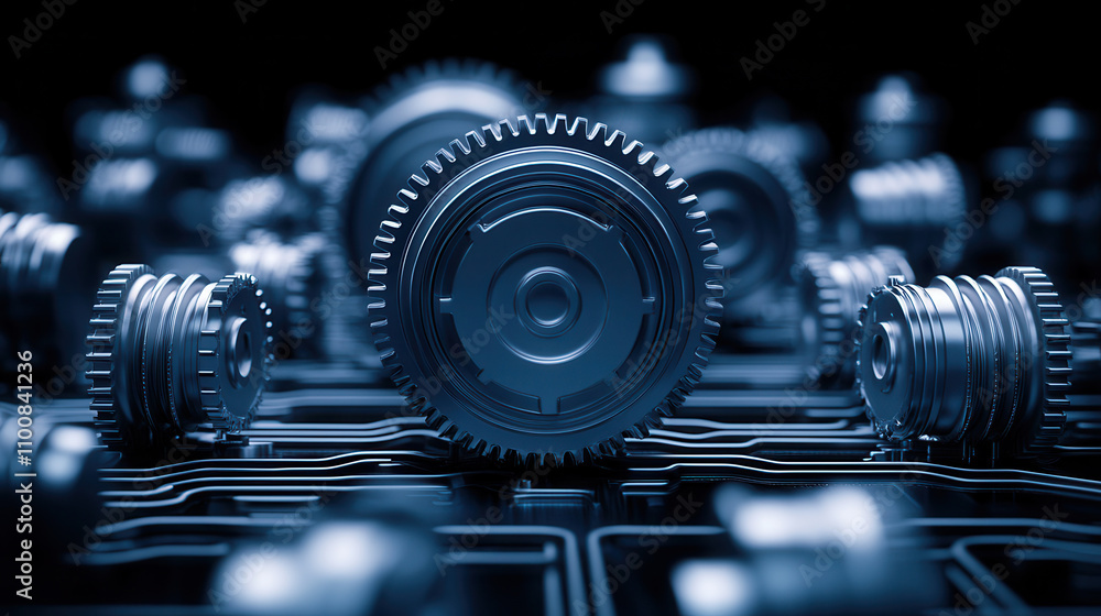 Poster close up view of metallic gears on circuit board, showcasing intricate details and futuristic design