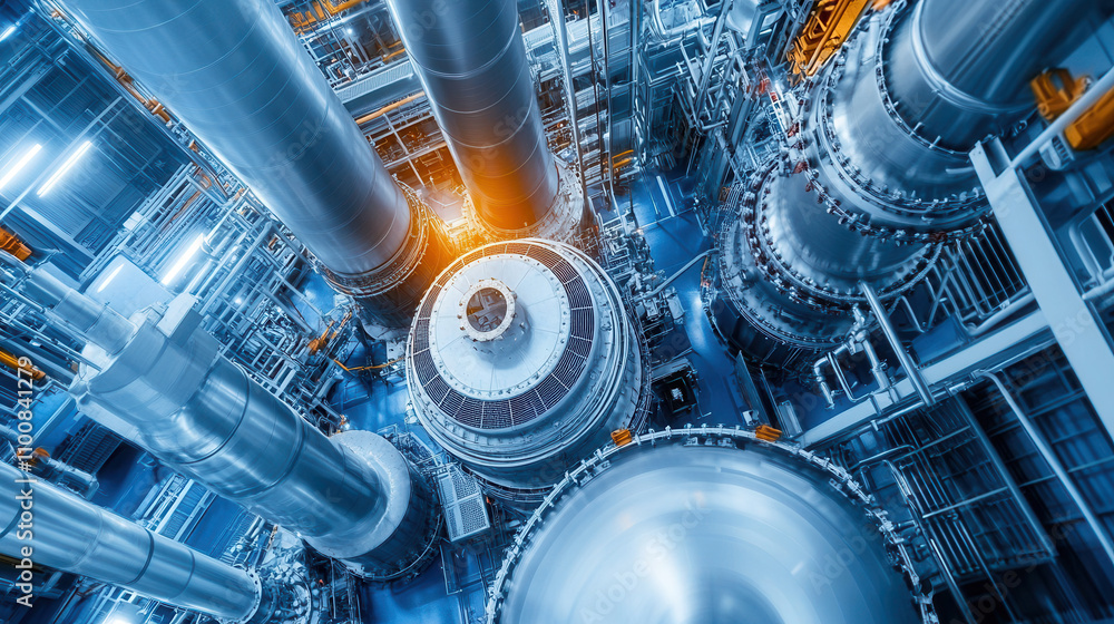 Poster aerial view of industrial machinery with pipes and turbines, showcasing advanced technology and engi