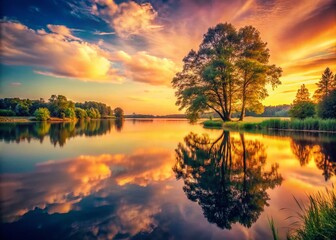 Obraz premium Vintage Style Twilight Serenity by the Lakeside with Reflections of Trees and Gentle Breeze Captured in Soft Hues and Delicate Lighting, Evoking Peaceful Nature Moments