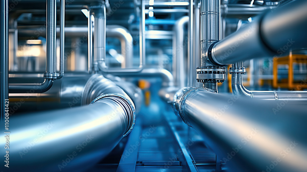 Poster industrial pipes and machinery create complex network in factory setting, showcasing intricate desig