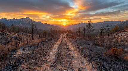 A haunting view of a trail reveals the aftermath of wildfires, showcasing the resilience of nature amidst recovery.