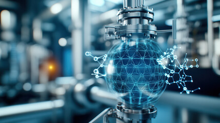 futuristic laboratory scene featuring glowing molecular structure within glass sphere, surrounded by industrial machinery and pipes, showcasing advanced technology and innovation