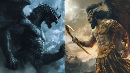 Fototapeta premium Greek mythology monsters vs gods, ai generative. Mythology. Illustration