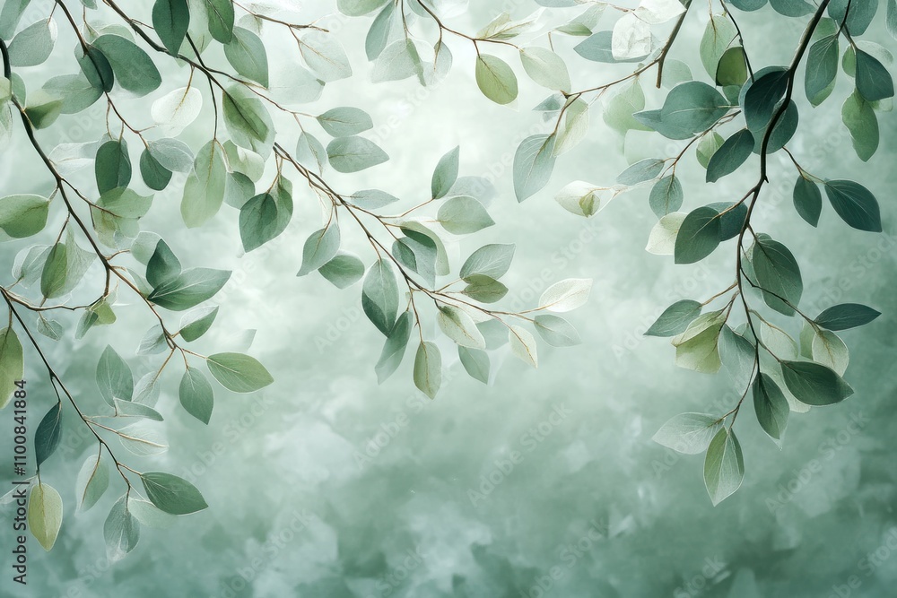 Poster abstract background with green leaves and branches in soft light, creating a calming and natural atm
