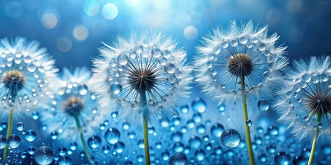 Obraz premium Dandelions and droplets on blue background. Wallpaper, decoration, dandelions, droplets, blue background