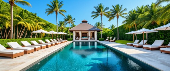 Fototapeta premium Luxury tropical resort with poolside cabanas and palm trees for ultimate relaxation
