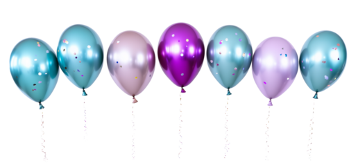metallic blue and purple balloons with confetti , isolated on white or transparent background