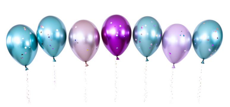 metallic blue and purple balloons with confetti , isolated on white or transparent background