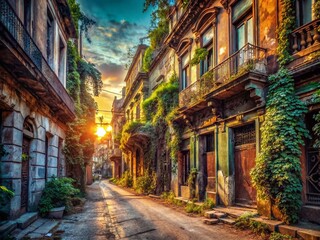 Fototapeta premium Vintage Urban Exploration: Captivating Scenes of Abandoned City Streets Surrounded by Nature's Embrace and Time's Passage