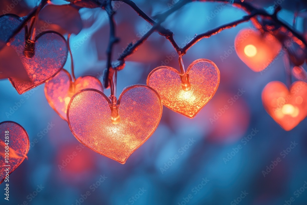 Poster a string of heart-shaped lights hang from a branch, glowing softly in the evening.