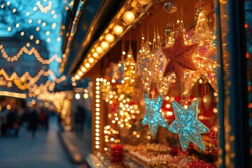 Obraz premium A close-up of colorful star-shaped ornaments hanging from a stall at a bustling Christmas market.