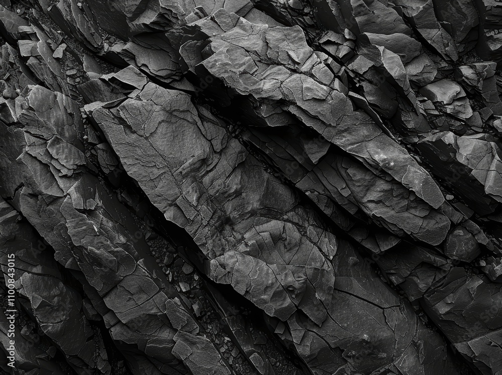 Poster dark rock texture background: detailed mountain surface with sharp rocks and rough textures in monoc