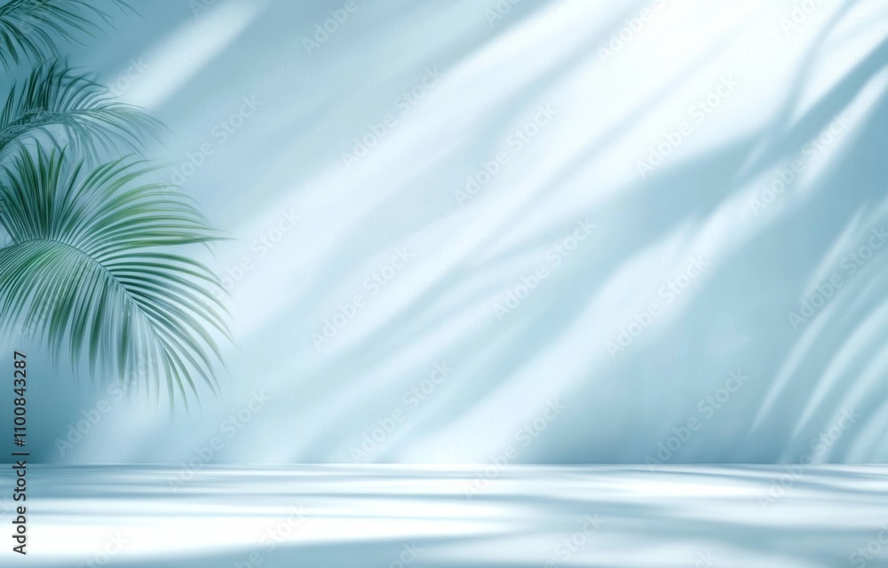 Poster light blue wall with palm leaf shadows minimal abstract background for relaxation and product displa