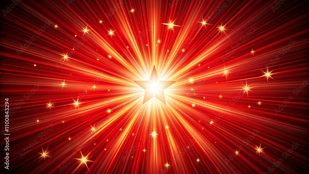 Poster vivid red star burst background with main subject positioned on the left and ample copy space for te