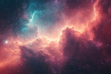 Fototapeta premium A vibrant nebula with swirling clouds of gas and dust in shades of red, blue, and pink against a backdrop of twinkling stars.