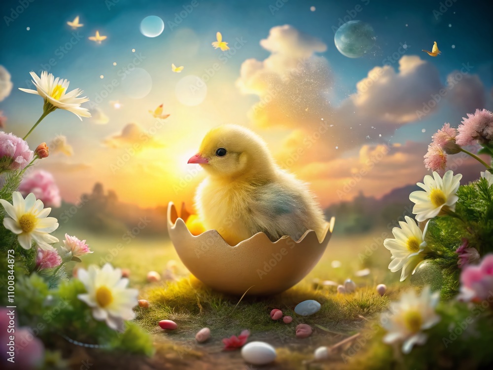 Poster whimsical 3d animated yellow chick hatching from a broken eggshell in a dreamlike double exposure sc