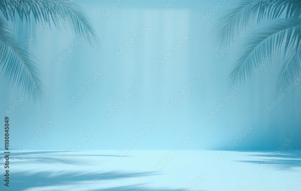 Poster minimal abstract background with palm leaf shadows on soft blue wall for product presentation