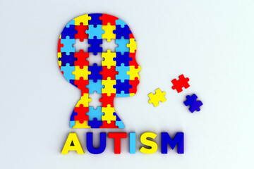3D illustration of autism puzzle in child shape isolated