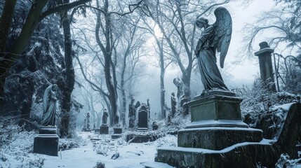 A serene, snow-covered cemetery with angel statues amidst bare trees and gravestones.