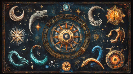 Obraz premium Backdrop of sacred zodiac symbols, astrology, alchemy, magic, sorcery and fortune telling. ai-generated digital painting. Mythology. Illustration