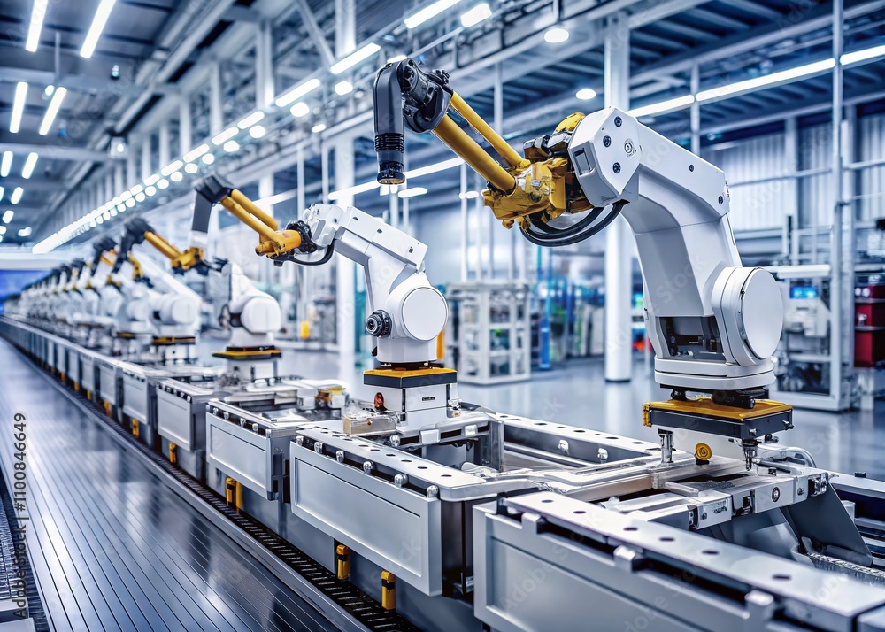 Poster white robot arms automate electric vehicle battery components production on a conveyor belt in a mod