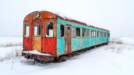Obraz premium An abandoned, rusted train car covered in snow in a desolate landscape.