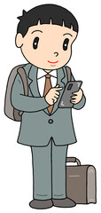 Fototapeta premium ビジネスマンのイラスト - サラリーマン・会社員・メンズスーツ・バックパック・スマホ操作