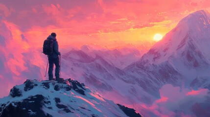 Fototapeta premium A lone hiker stands on a snowy peak, admiring a vibrant sunset over majestic mountains.