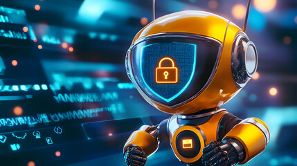 Cyber Security Robot with Shield and Lock