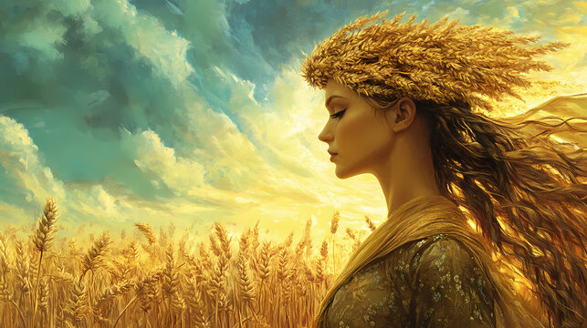 Demeter's golden harvest. Mythology. Illustration
