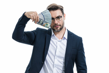 Businessman with money dollars banknotes in studio.