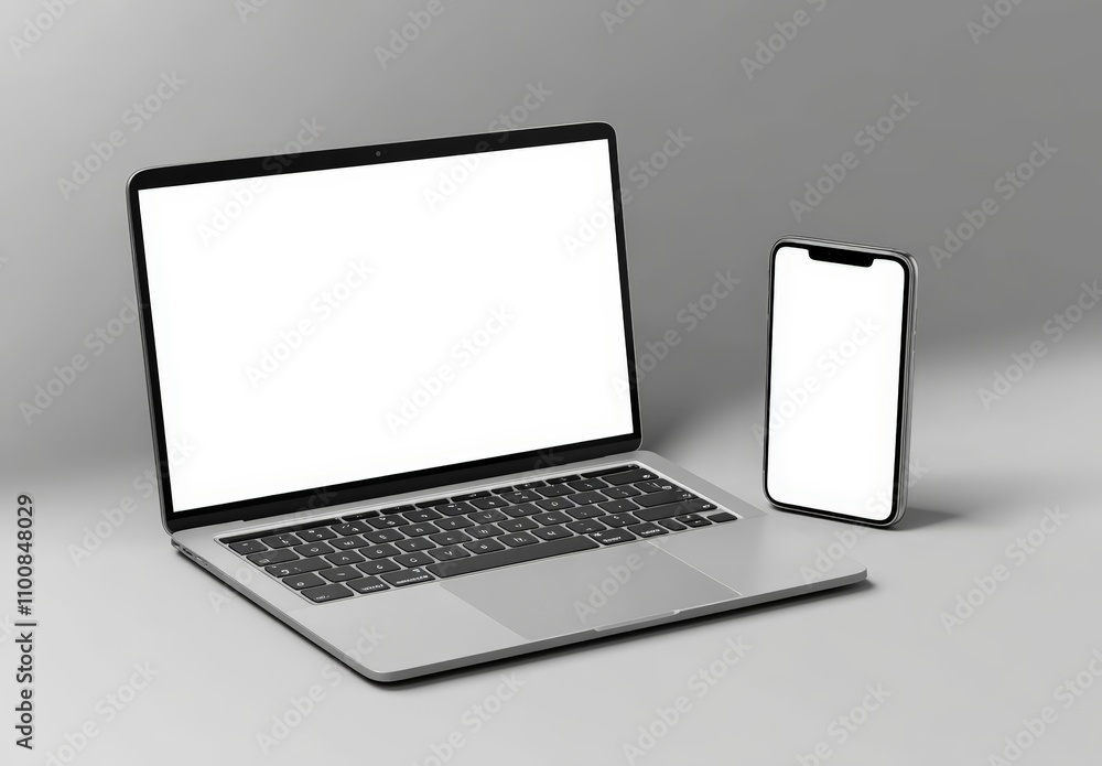 Poster high resolution photograph of silver laptop and smartphone 3d rendering with blank screen on gradien