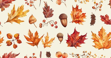 Obraz premium Seamless watercolor autumn pattern with fall leaves, acorns, and berries in warm orange, red, and yellow tones. Perfect for seasonal designs, wallpapers, and textiles, Generative AI
