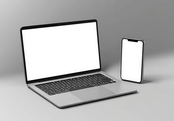 High Resolution Photograph of Silver Laptop and Smartphone 3D Rendering with Blank Screen on Gradient Background