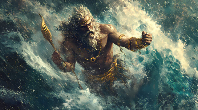 Giant poseidon coming out of the stormy sea. greek mythological god wearing gold bracelets, carrying a golden trident in a storm poseidon a greek mythology god. Mythology. Illustration