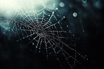 A close-up of a spiderweb with dew drops, against a dark background.