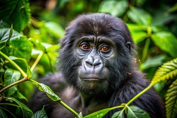 Fototapeta premium Young Mountain Gorilla in Bwindi Impenetrable Forest, Uganda: Captivating Wildlife Photography Showcasing Endangered Species in Their Natural Habitat