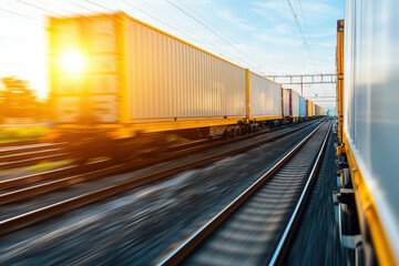 Fototapeta premium Freight trains speed along parallel tracks at sunset, showcasing dynamic motion and vibrant energy in modern transportation network