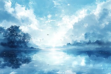 Fototapeta premium A serene landscape with a calm lake reflecting a bright sky and white fluffy clouds with a few birds in the distance.