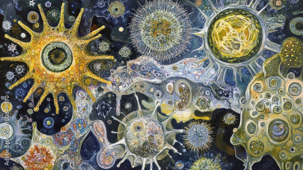 Poster artistic interpretation of unique viruses under microscope
