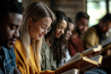 Group of friends reading bible study.