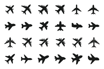 Fototapeta premium Airplane outline silhouette icon set on white background