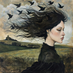 Fototapeta premium portrait of a woman in profile against a landscape background. The woman's hair flutters and smoothly turns into a flock of ravens,. 