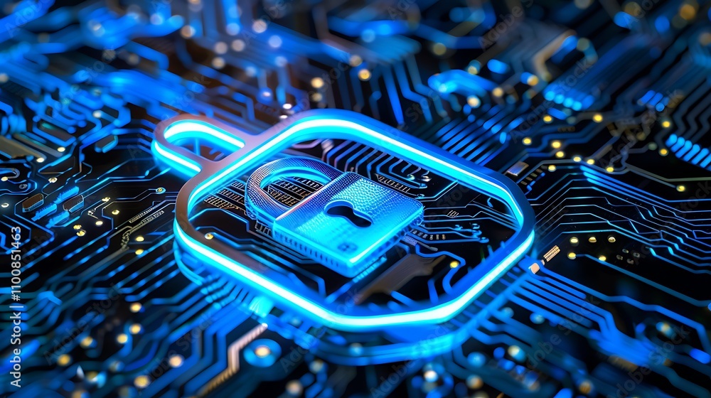 Poster digital lock symbolizes online security on a circuit board.