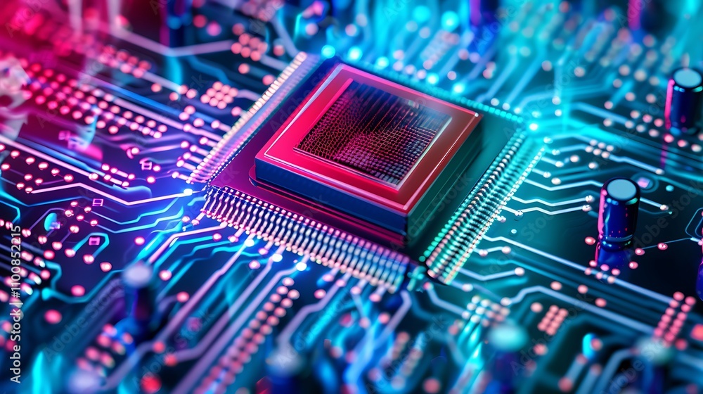 Poster close-up image of a microchip on a circuit board with vibrant colors.