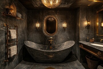 Fototapeta premium Luxurious dark marble bathtub in a lavish bathroom, featuring gold accents and elegant lighting. Ideal for showcasing high-end bathroom design, luxury hotels, or spa treatments.