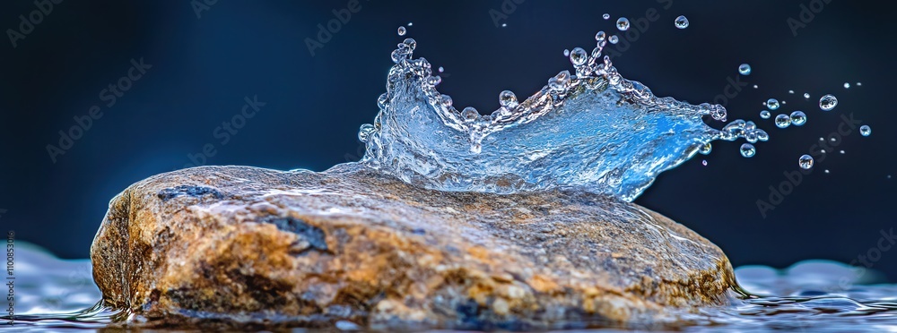 Poster stunning close-up of water splashing dramatically over a smooth rock, creating a captivating crown-l