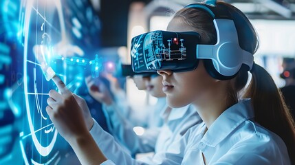 Women in VR headsets interact with a holographic interface. Exploring digital worlds and futuristic tech.