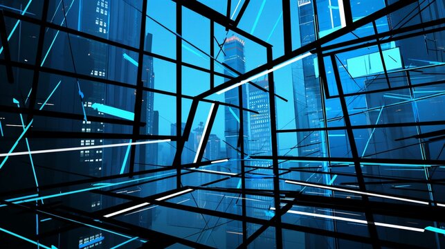 Futuristic Office Building Interior with Glass and Steel Design in Urban Cityscape