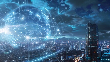 Night cityscape with digital global network overlay. Shows connection and technology.